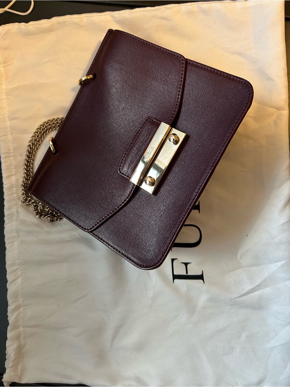 Furla Textured Plum Leather Crossbody with Gold-Tone Hardware